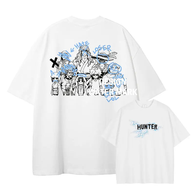 Anime Hunter T-shirts Vintage Washed Anime Kurapika T Shirt Oversized Streetwear Manga Killua Zoldyck Gon Tops Tees Men Cotton