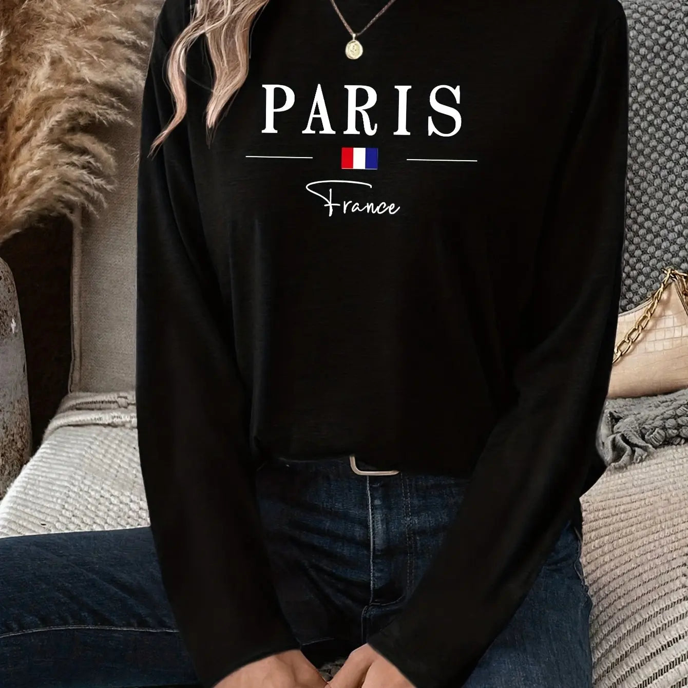 Paris Women's summer print oversized loose casual round neck long sleeved T-shirt top Fashion Streetwear Oversized O-Neck