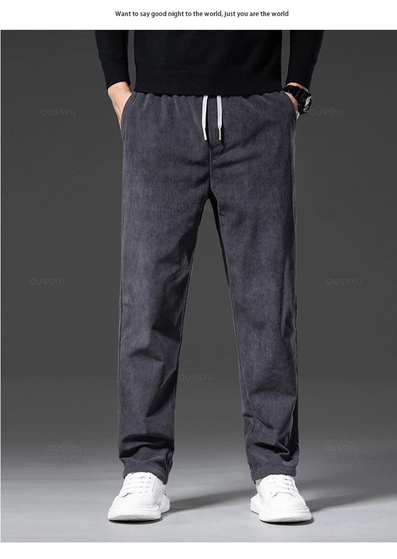 Four Seasons Corduroy Pants Men Drawstring Elastic Waist Business Loose Straight Korea Casual Trousers Male Oversized M-5XL