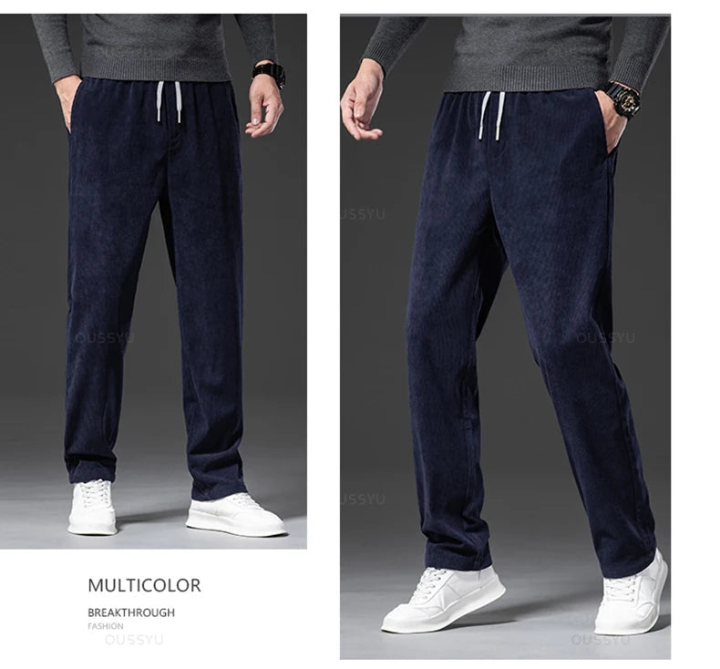 Four Seasons Corduroy Pants Men Drawstring Elastic Waist Business Loose Straight Korea Casual Trousers Male Oversized M-5XL