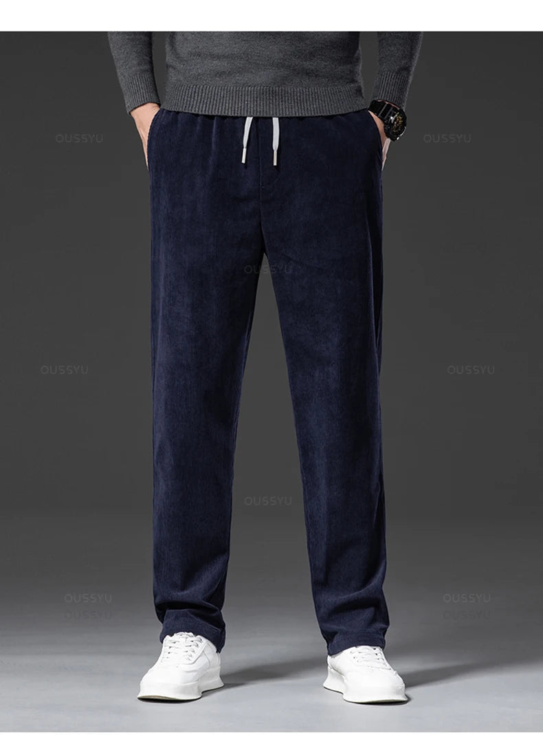 Four Seasons Corduroy Pants Men Drawstring Elastic Waist Business Loose Straight Korea Casual Trousers Male Oversized M-5XL