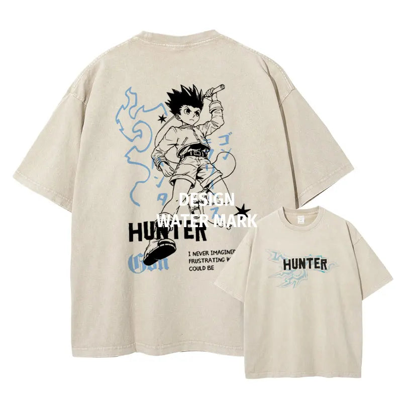 Anime Hunter T-shirts Vintage Washed Anime Kurapika T Shirt Oversized Streetwear Manga Killua Zoldyck Gon Tops Tees Men Cotton