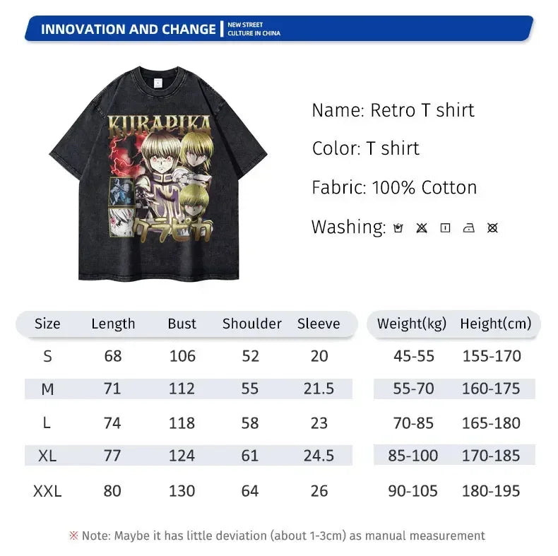 Anime Hunter T-shirts Vintage Washed Anime Kurapika T Shirt Oversized Streetwear Manga Killua Zoldyck Gon Tops Tees Men Cotton