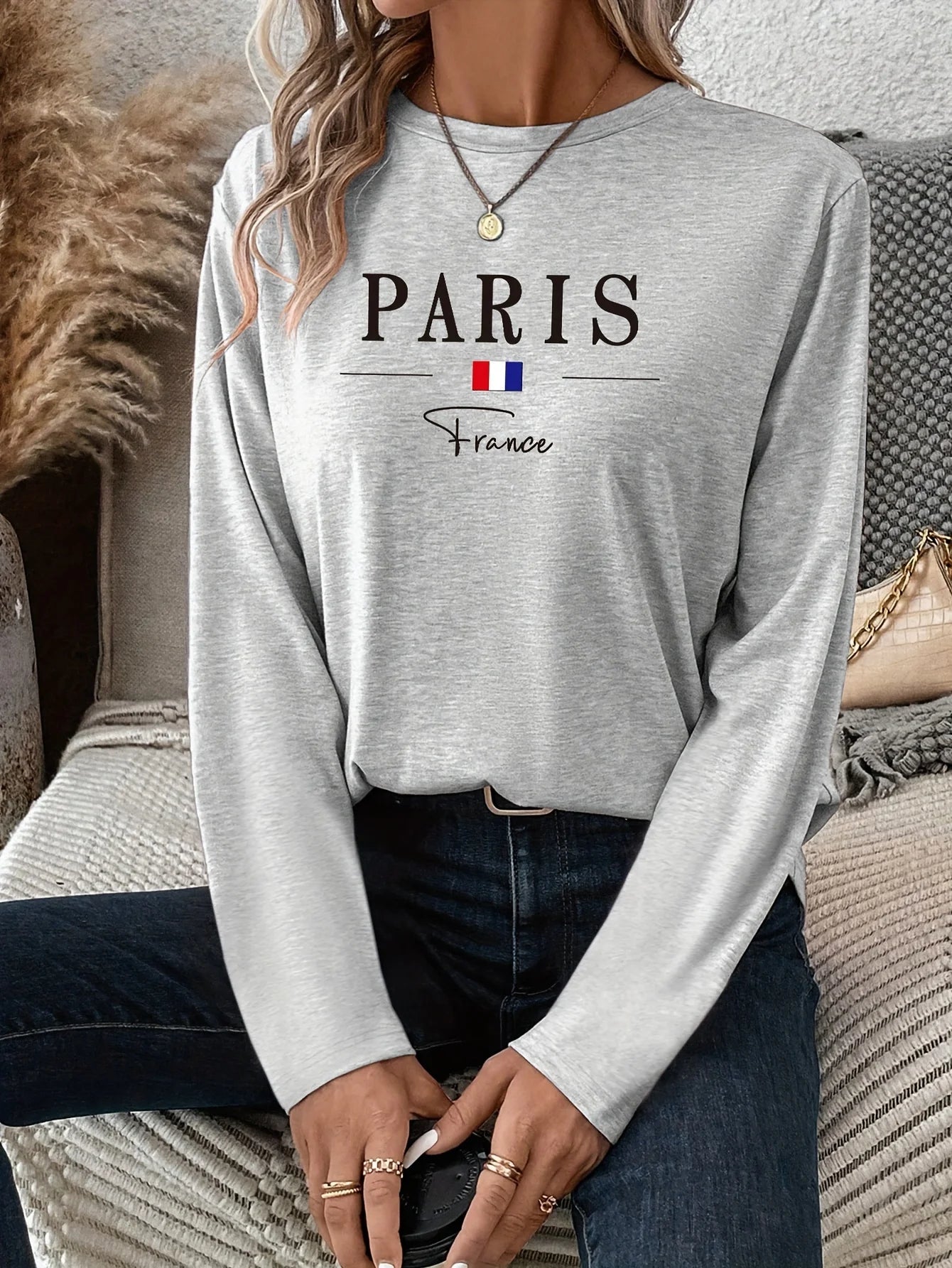 Paris Women's summer print oversized loose casual round neck long sleeved T-shirt top Fashion Streetwear Oversized O-Neck