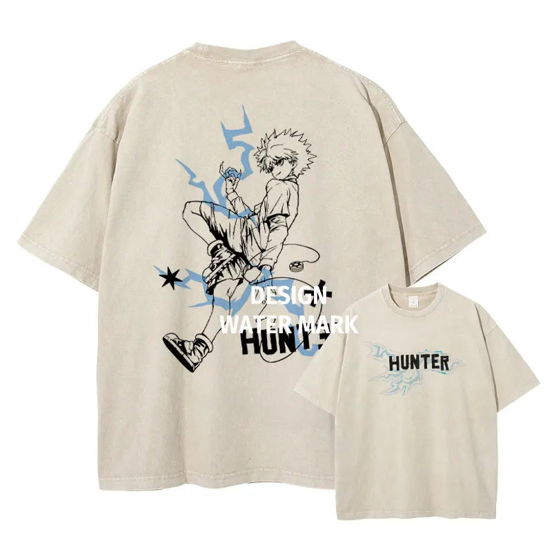 Anime Hunter T-shirts Vintage Washed Anime Kurapika T Shirt Oversized Streetwear Manga Killua Zoldyck Gon Tops Tees Men Cotton