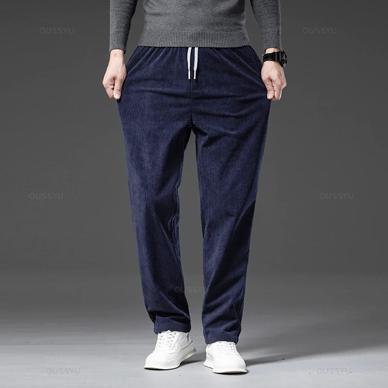 Four Seasons Corduroy Pants Men Drawstring Elastic Waist Business Loose Straight Korea Casual Trousers Male Oversized M-5XL