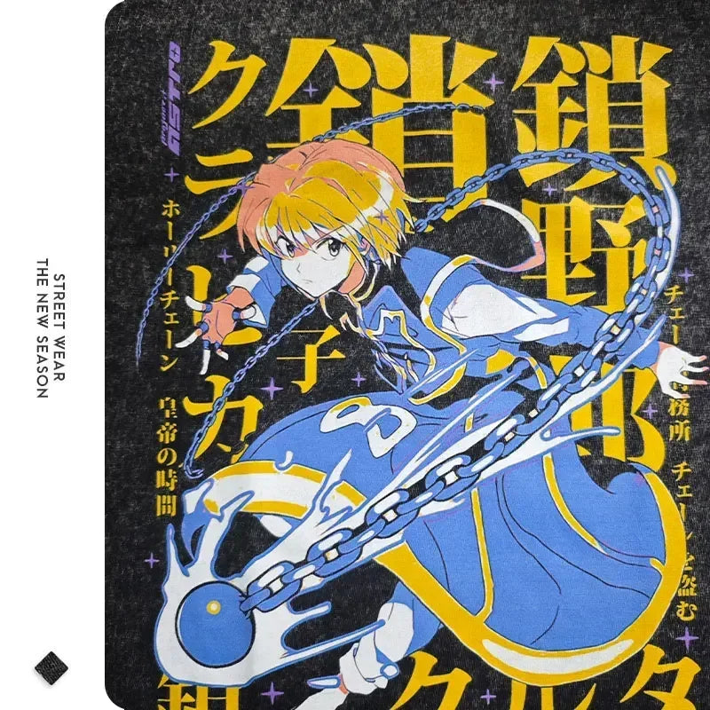 Anime Hunter T-shirts Vintage Washed Anime Kurapika T Shirt Oversized Streetwear Manga Killua Zoldyck Gon Tops Tees Men Cotton
