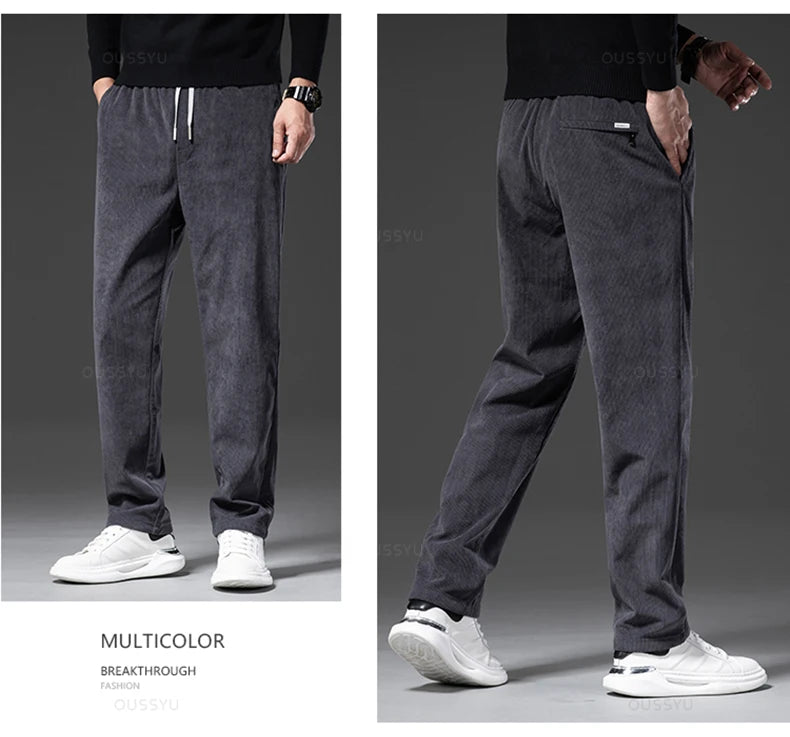 Four Seasons Corduroy Pants Men Drawstring Elastic Waist Business Loose Straight Korea Casual Trousers Male Oversized M-5XL