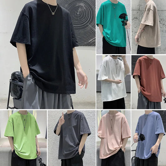 Oversized Summer Short Sleeve Men's T Shirt New Fashion Solid Loose O-Neck T Shirt Mens Cotton Hip Hop Streetwear Top Tees S-5XL