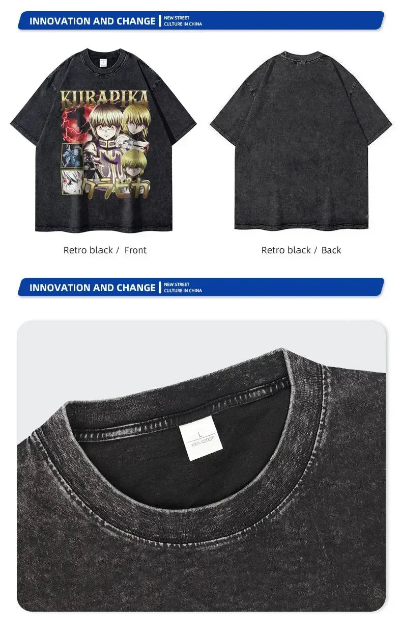 Anime Hunter T-shirts Vintage Washed Anime Kurapika T Shirt Oversized Streetwear Manga Killua Zoldyck Gon Tops Tees Men Cotton