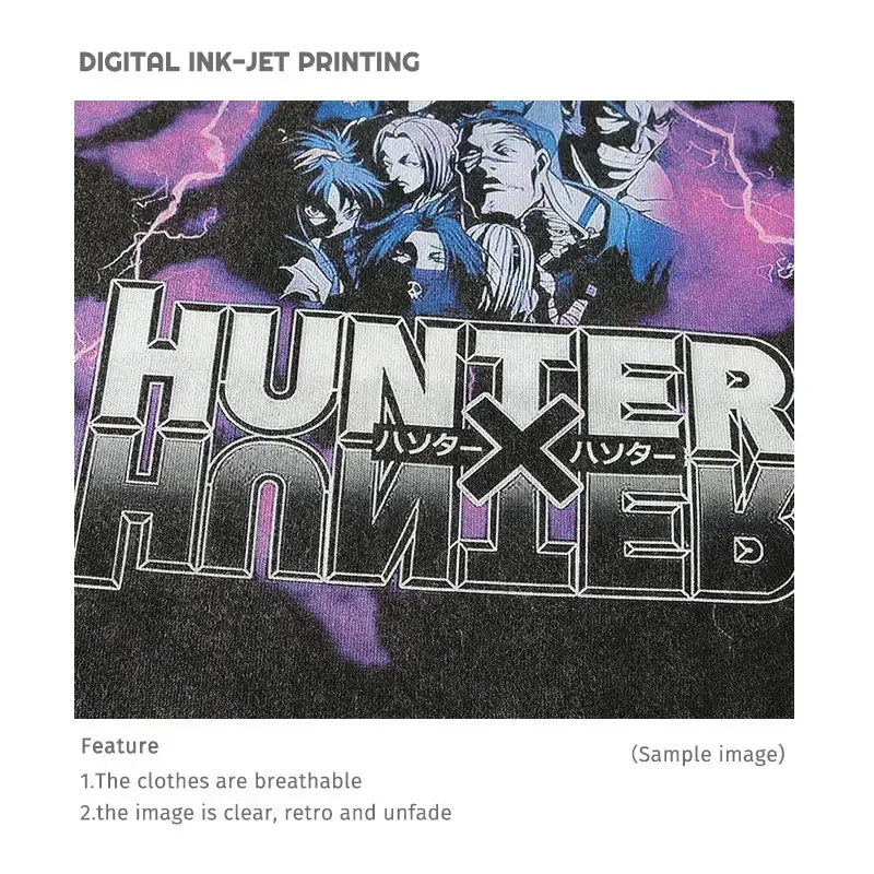 Anime Hunter T-shirts Vintage Washed Anime Kurapika T Shirt Oversized Streetwear Manga Killua Zoldyck Gon Tops Tees Men Cotton