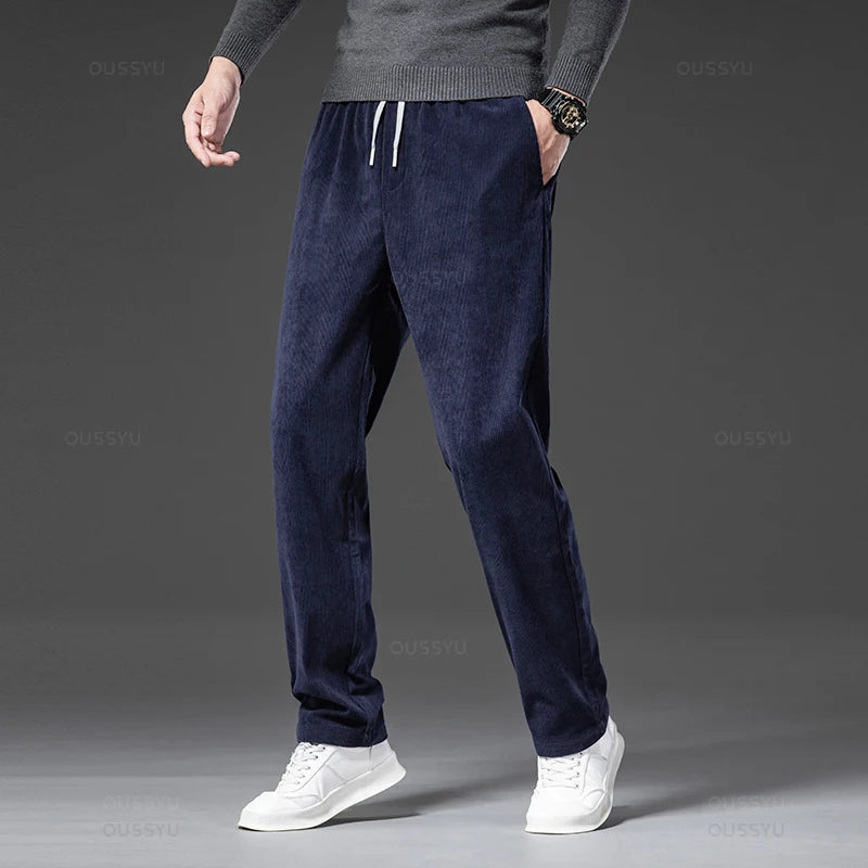 Four Seasons Corduroy Pants Men Drawstring Elastic Waist Business Loose Straight Korea Casual Trousers Male Oversized M-5XL