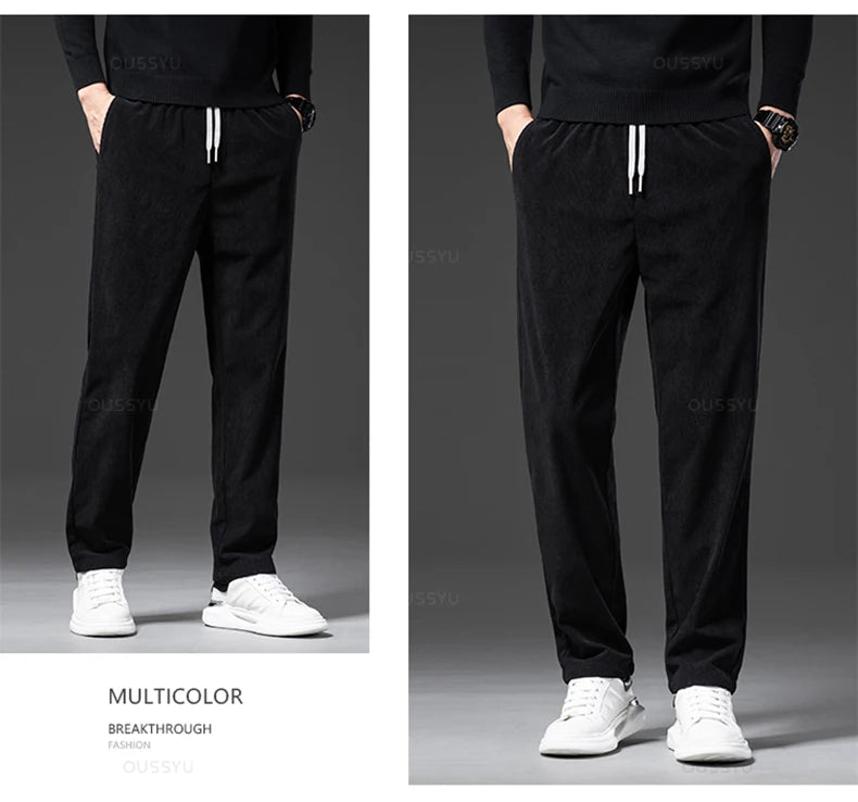 Four Seasons Corduroy Pants Men Drawstring Elastic Waist Business Loose Straight Korea Casual Trousers Male Oversized M-5XL