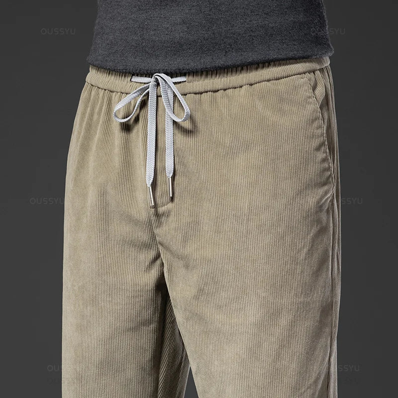 Four Seasons Corduroy Pants Men Drawstring Elastic Waist Business Loose Straight Korea Casual Trousers Male Oversized M-5XL