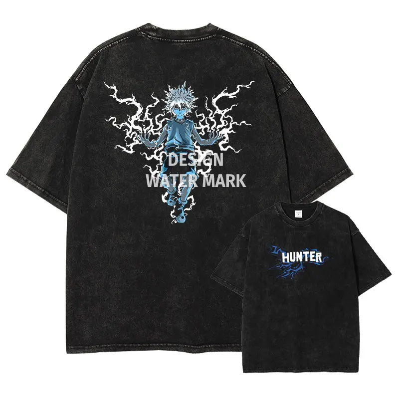 Anime Hunter T-shirts Vintage Washed Anime Kurapika T Shirt Oversized Streetwear Manga Killua Zoldyck Gon Tops Tees Men Cotton