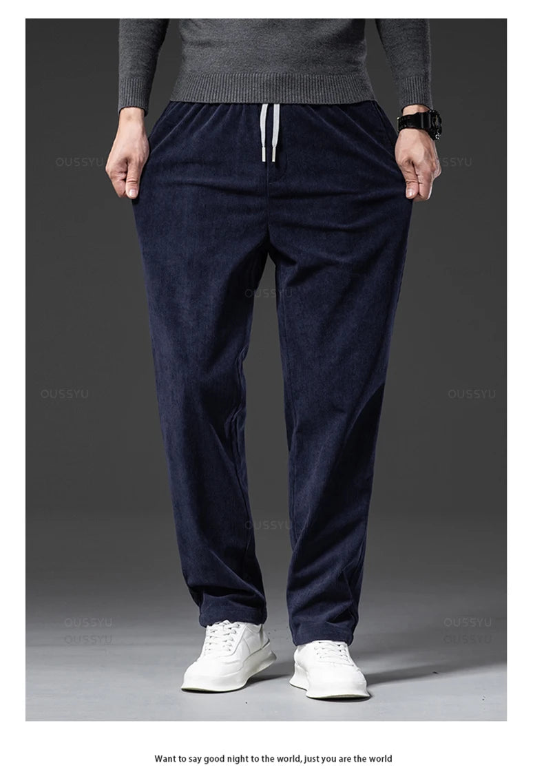 Four Seasons Corduroy Pants Men Drawstring Elastic Waist Business Loose Straight Korea Casual Trousers Male Oversized M-5XL