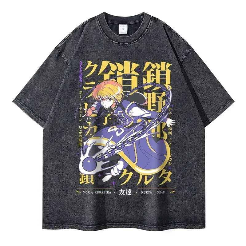 Anime Hunter T-shirts Vintage Washed Anime Kurapika T Shirt Oversized Streetwear Manga Killua Zoldyck Gon Tops Tees Men Cotton