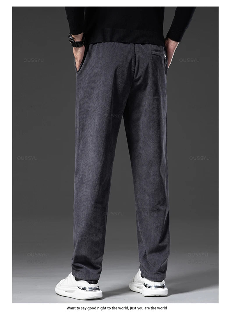 Four Seasons Corduroy Pants Men Drawstring Elastic Waist Business Loose Straight Korea Casual Trousers Male Oversized M-5XL