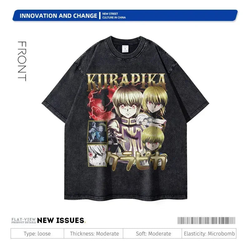 Anime Hunter T-shirts Vintage Washed Anime Kurapika T Shirt Oversized Streetwear Manga Killua Zoldyck Gon Tops Tees Men Cotton
