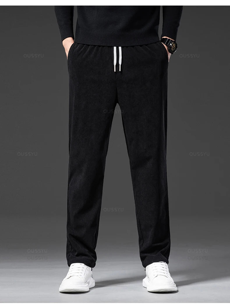 Four Seasons Corduroy Pants Men Drawstring Elastic Waist Business Loose Straight Korea Casual Trousers Male Oversized M-5XL