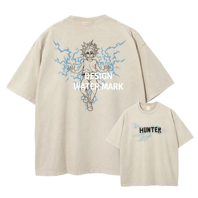 Anime Hunter T-shirts Vintage Washed Anime Kurapika T Shirt Oversized Streetwear Manga Killua Zoldyck Gon Tops Tees Men Cotton