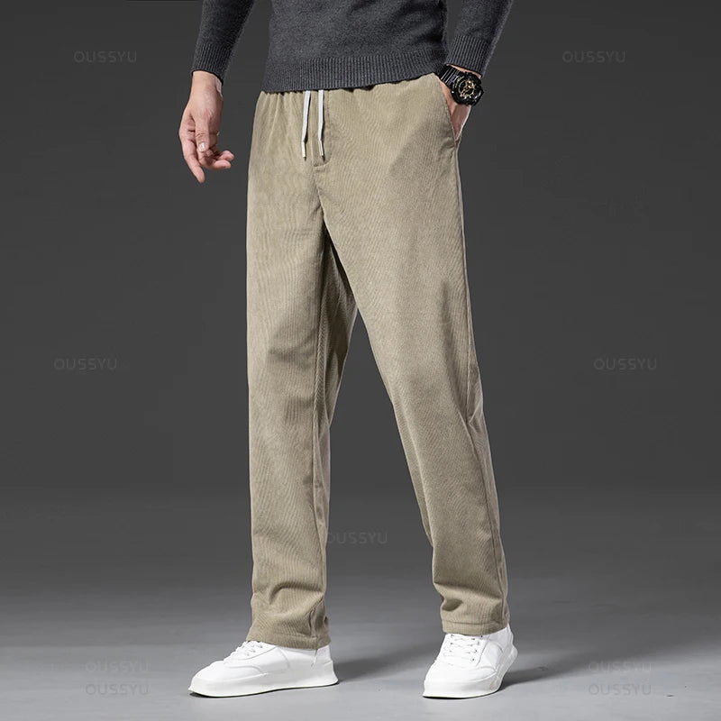 Four Seasons Corduroy Pants Men Drawstring Elastic Waist Business Loose Straight Korea Casual Trousers Male Oversized M-5XL