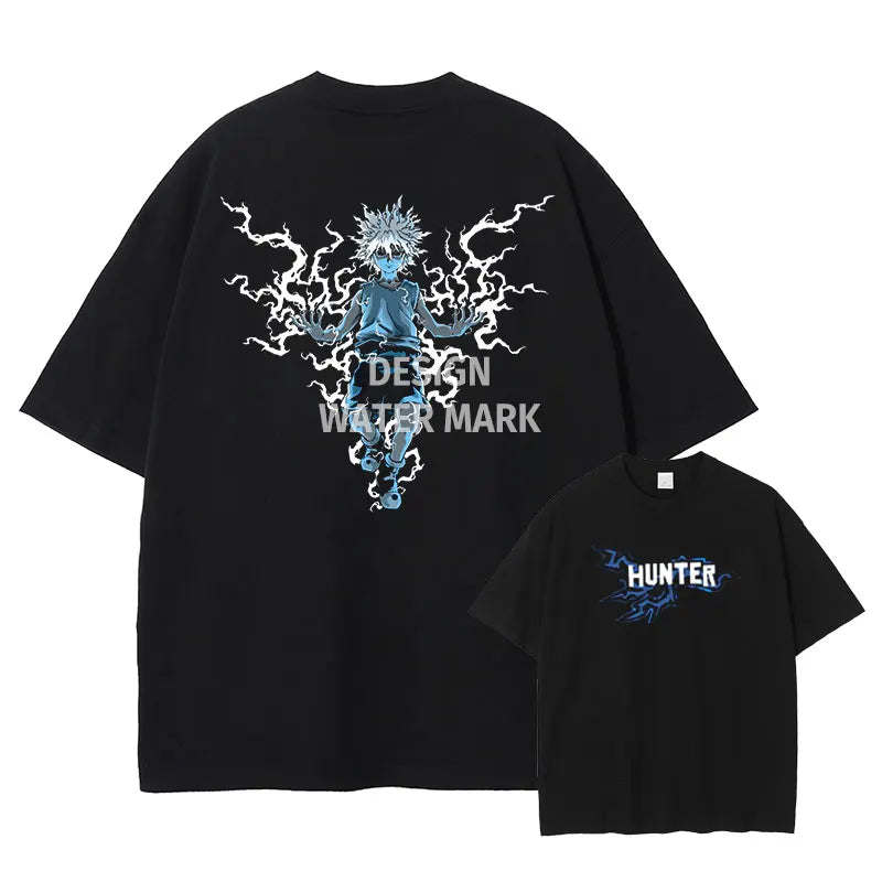 Anime Hunter T-shirts Vintage Washed Anime Kurapika T Shirt Oversized Streetwear Manga Killua Zoldyck Gon Tops Tees Men Cotton