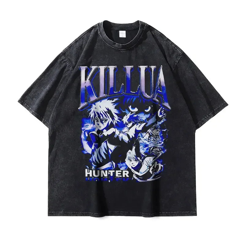 Anime Hunter T-shirts Vintage Washed Anime Kurapika T Shirt Oversized Streetwear Manga Killua Zoldyck Gon Tops Tees Men Cotton
