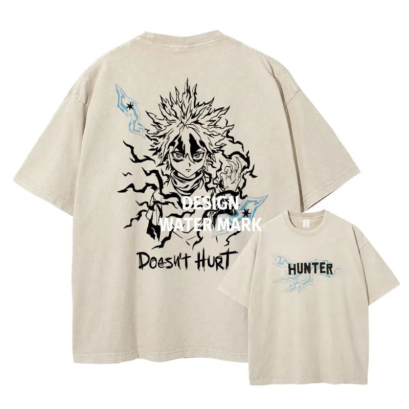 Anime Hunter T-shirts Vintage Washed Anime Kurapika T Shirt Oversized Streetwear Manga Killua Zoldyck Gon Tops Tees Men Cotton
