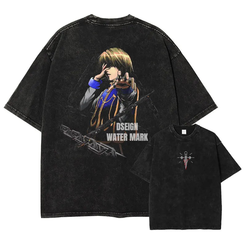Anime Hunter T-shirts Vintage Washed Anime Kurapika T Shirt Oversized Streetwear Manga Killua Zoldyck Gon Tops Tees Men Cotton