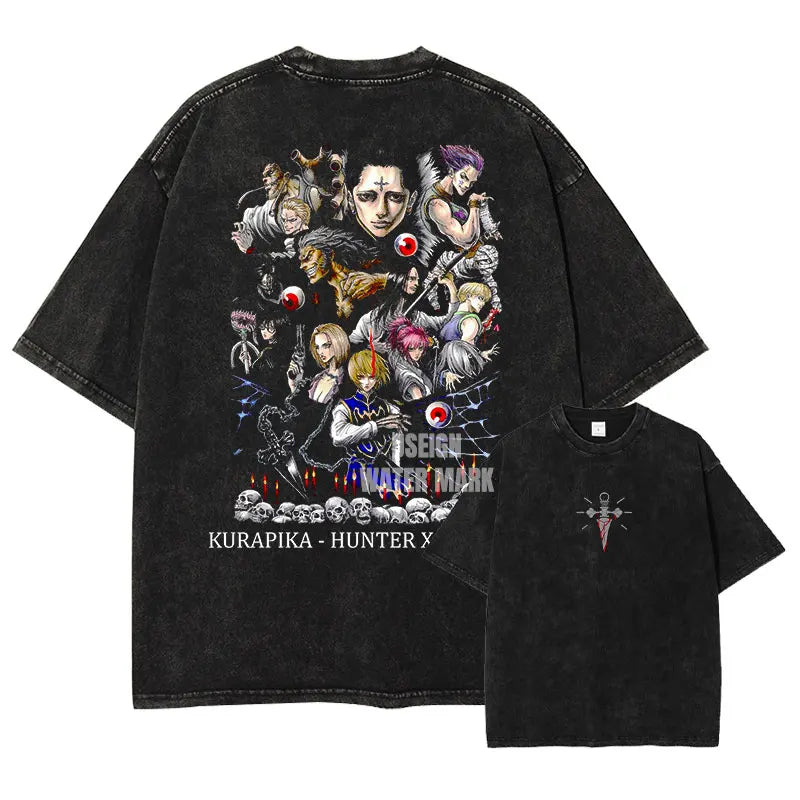 Anime Hunter T-shirts Vintage Washed Anime Kurapika T Shirt Oversized Streetwear Manga Killua Zoldyck Gon Tops Tees Men Cotton