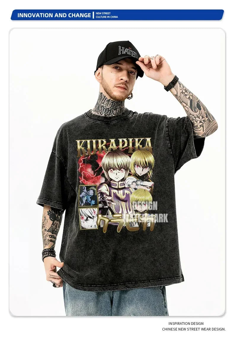Anime Hunter T-shirts Vintage Washed Anime Kurapika T Shirt Oversized Streetwear Manga Killua Zoldyck Gon Tops Tees Men Cotton