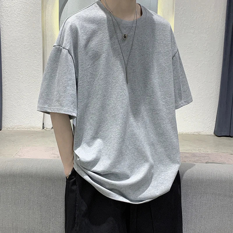 Oversized Summer Short Sleeve Men's T Shirt New Fashion Solid Loose O-Neck T Shirt Mens Cotton Hip Hop Streetwear Top Tees S-5XL