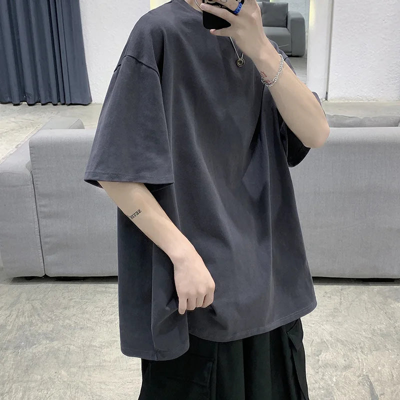 Oversized Summer Short Sleeve Men's T Shirt New Fashion Solid Loose O-Neck T Shirt Mens Cotton Hip Hop Streetwear Top Tees S-5XL