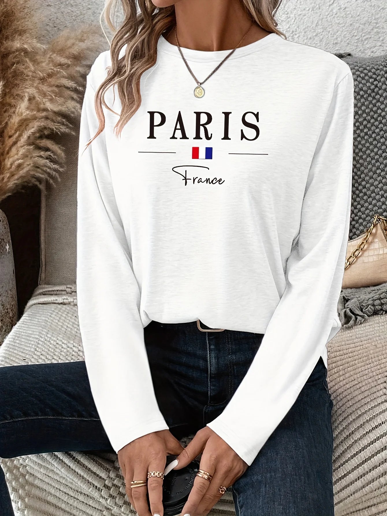 Paris Women's summer  print oversized loose casual round neck long sleeved T-shirt top Fashion Streetwear Oversized O-Neck