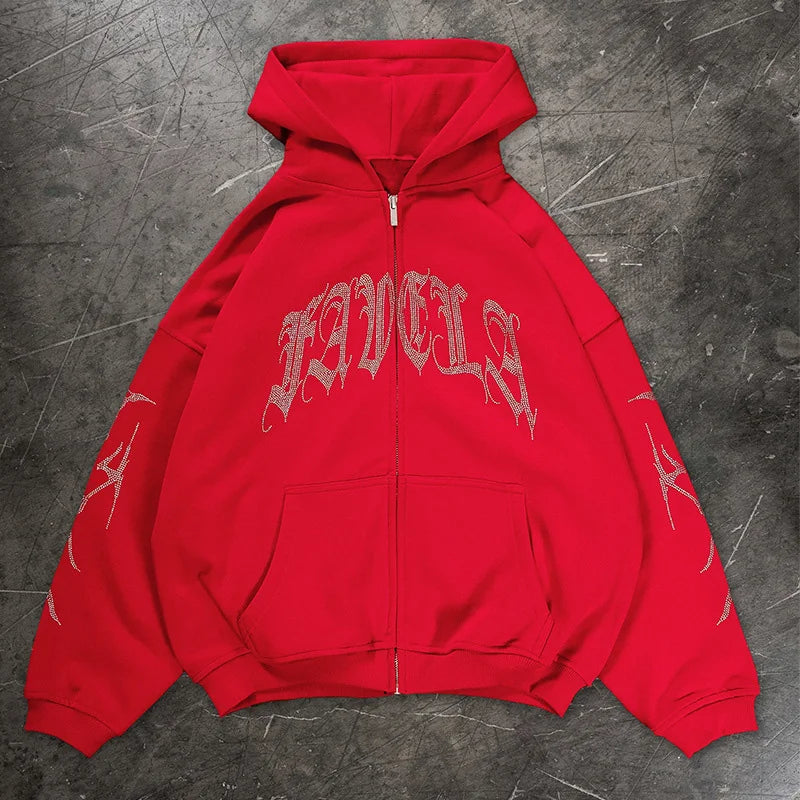 Y2K Rhinestone Skeleton Hoodies men Gothic Black Zip Up Oversized Sweatshirts Female Retro Harajuku Hooded Jacket Streetwear