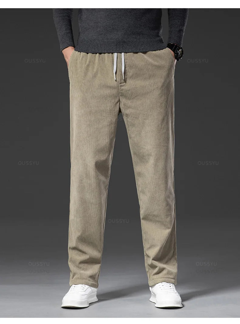 Four Seasons Corduroy Pants Men Drawstring Elastic Waist Business Loose Straight Korea Casual Trousers Male Oversized M-5XL