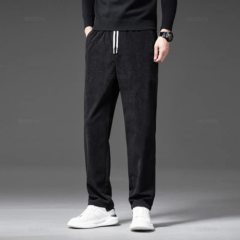 Four Seasons Corduroy Pants Men Drawstring Elastic Waist Business Loose Straight Korea Casual Trousers Male Oversized M-5XL