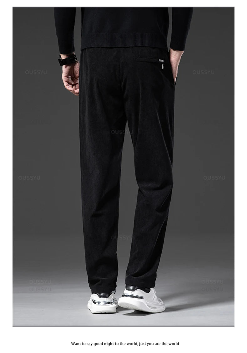 Four Seasons Corduroy Pants Men Drawstring Elastic Waist Business Loose Straight Korea Casual Trousers Male Oversized M-5XL