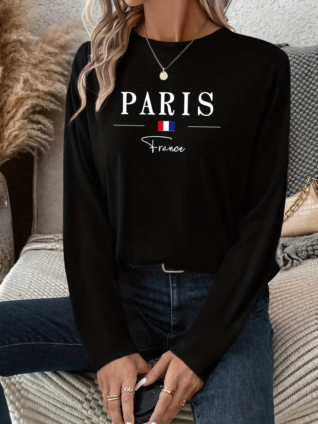 Paris Women's summer  print oversized loose casual round neck long sleeved T-shirt top Fashion Streetwear Oversized O-Neck