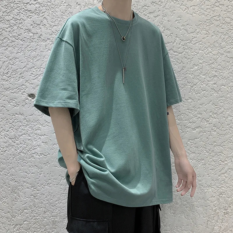 Oversized Summer Short Sleeve Men's T Shirt New Fashion Solid Loose O-Neck T Shirt Mens Cotton Hip Hop Streetwear Top Tees S-5XL
