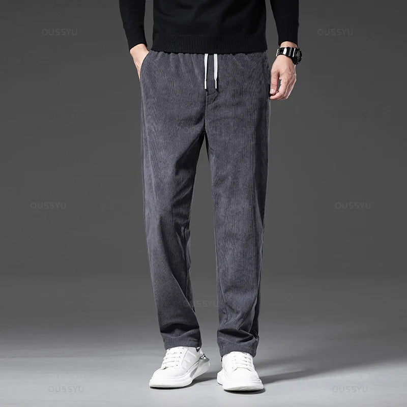 Four Seasons Corduroy Pants Men Drawstring Elastic Waist Business Loose Straight Korea Casual Trousers Male Oversized M-5XL