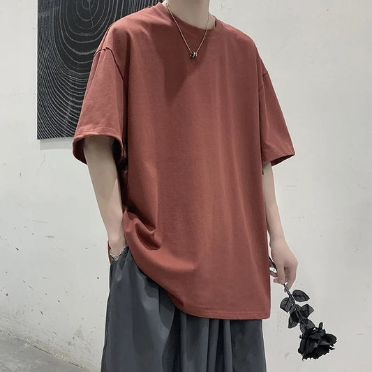 Oversized Summer Short Sleeve Men's T Shirt New Fashion Solid Loose O-Neck T Shirt Mens Cotton Hip Hop Streetwear Top Tees S-5XL