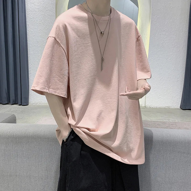 Oversized Summer Short Sleeve Men's T Shirt New Fashion Solid Loose O-Neck T Shirt Mens Cotton Hip Hop Streetwear Top Tees S-5XL