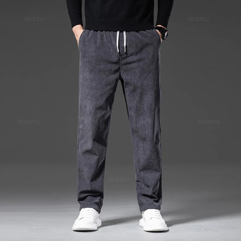 Four Seasons Corduroy Pants Men Drawstring Elastic Waist Business Loose Straight Korea Casual Trousers Male Oversized M-5XL