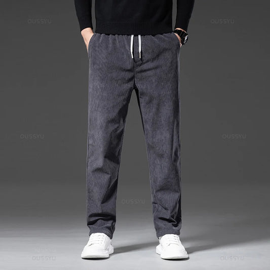 Four Seasons Corduroy Pants Men Drawstring Elastic Waist Business Loose Straight Korea Casual Trousers Male Oversized M-5XL